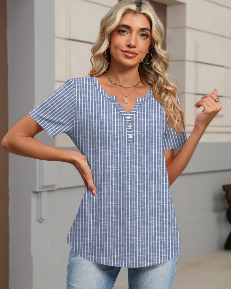 Paige Top Mujer – Blusa Henley Escote en V, Manga Corta y Tejido Elástico