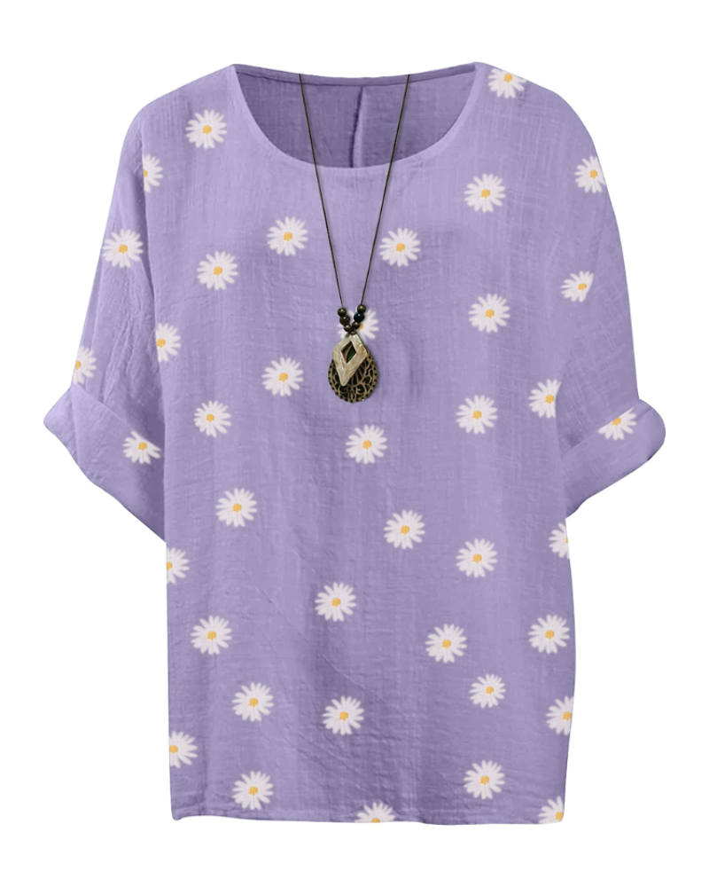 Freya Top Túnica Mujer – Algodón 100%, Estampado Margarita y Manga 3/4