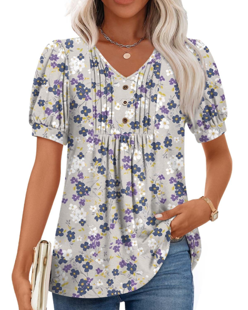 Aubrey Blusa Mujer – V-Cuello con Mangas Abullonadas, Volantes y Botones