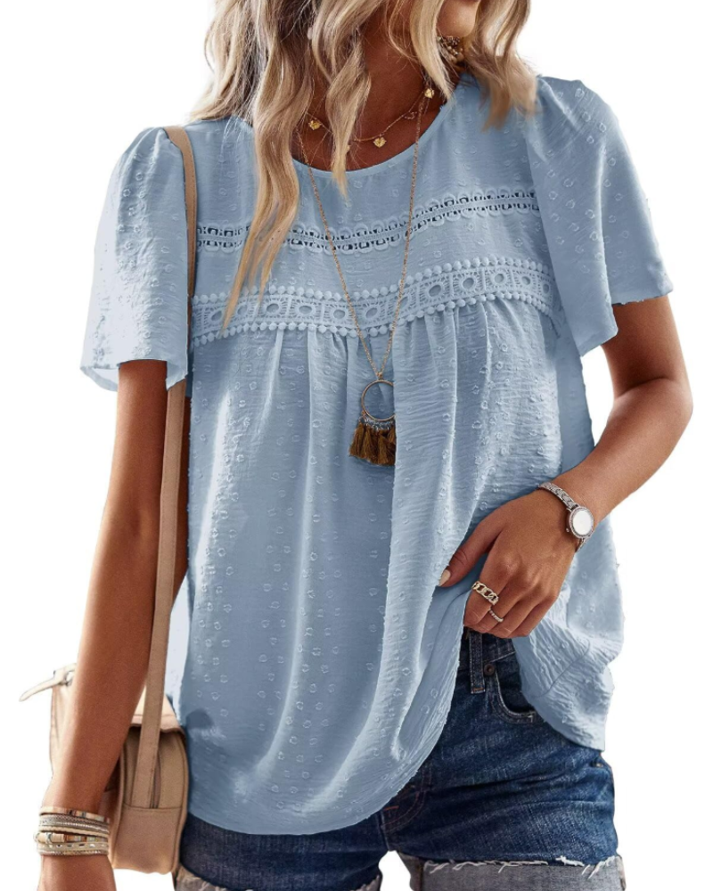 Lila Top Mujer – Blusa Boho con Encaje Crochet, Manga Corta y Cuello Redondo