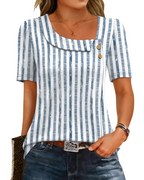 Clara Blusa Mujer – Escote Asimétrico, Botón, Manga Corta y Corte Túnica