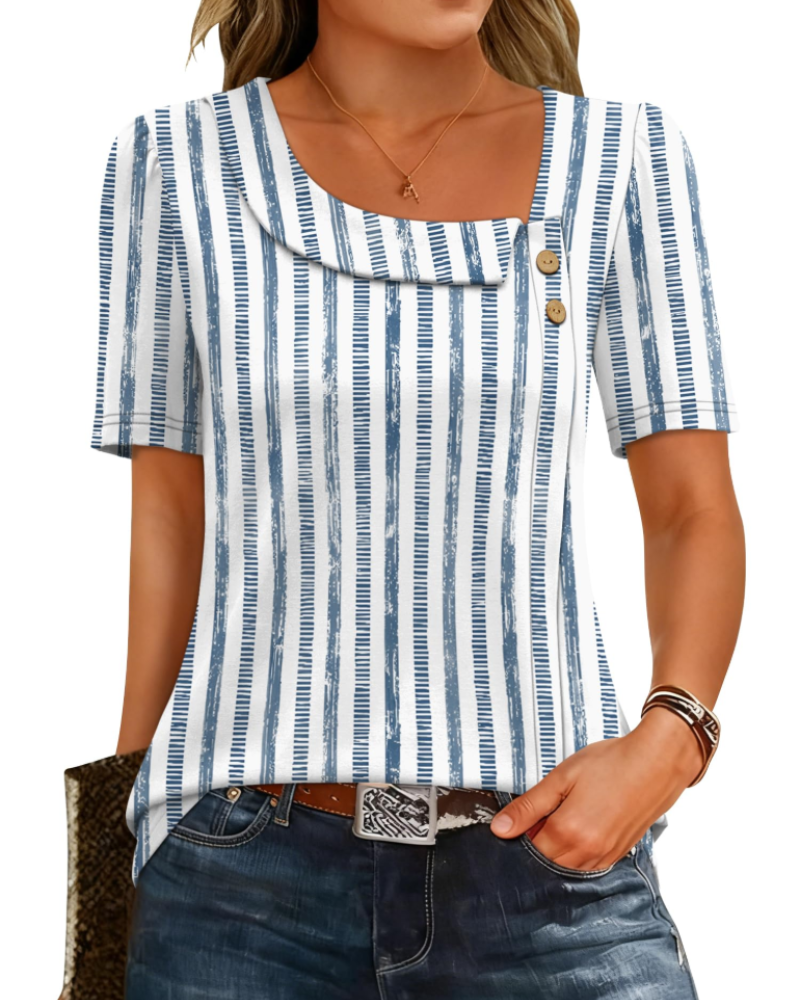 Clara Blusa Mujer – Escote Asimétrico, Botón, Manga Corta y Corte Túnica