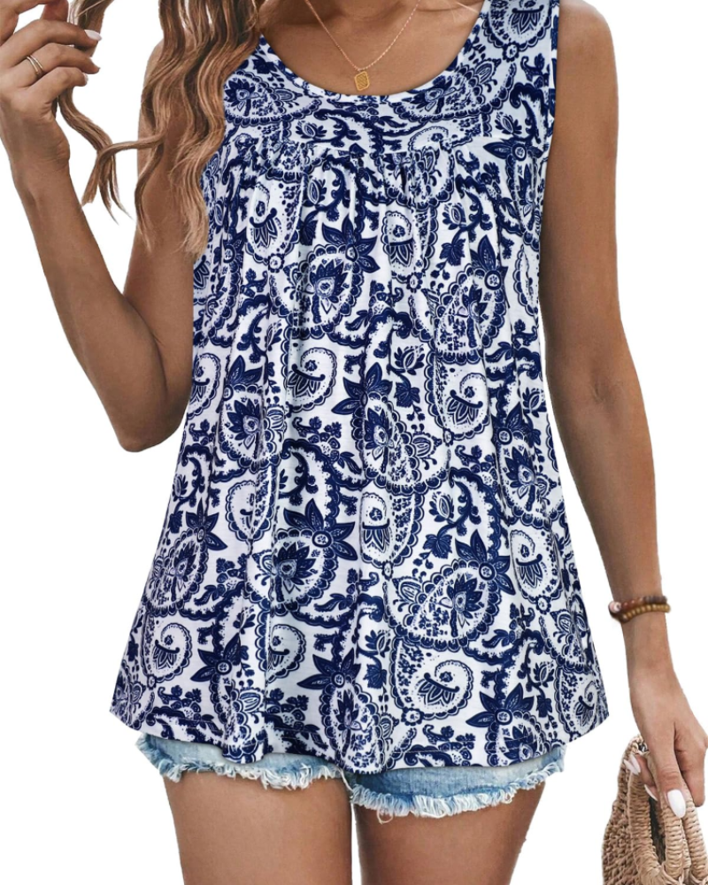 Lily Top Mujer – Blusa Túnica Sin Mangas con Pliegues y Estampado Floral