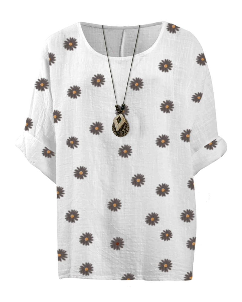 Freya Top Túnica Mujer – Algodón 100%, Estampado Margarita y Manga 3/4