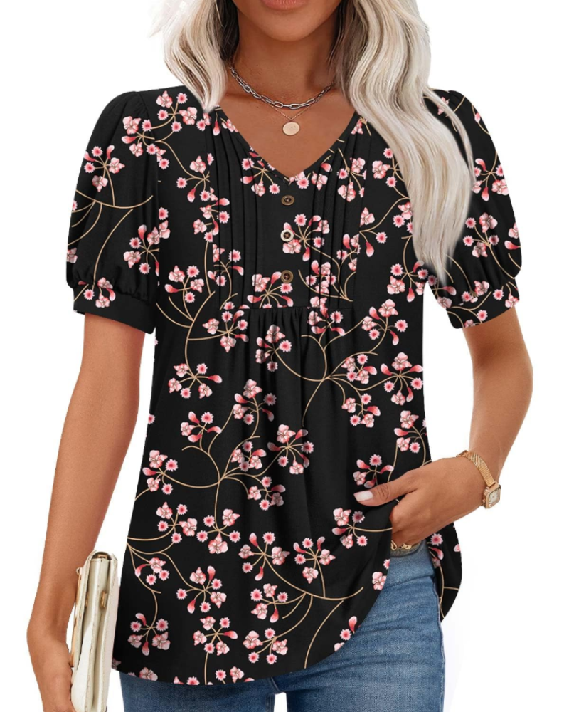 Aubrey Blusa Mujer – V-Cuello con Mangas Abullonadas, Volantes y Botones