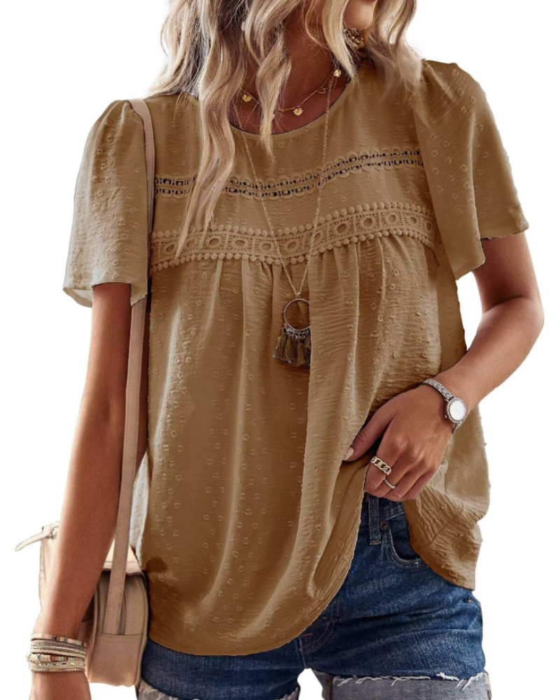Lila Top Mujer – Blusa Boho con Encaje Crochet, Manga Corta y Cuello Redondo