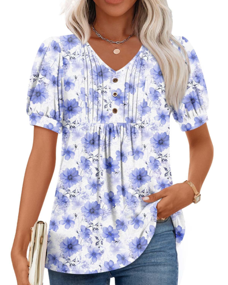 Aubrey Blusa Mujer – V-Cuello con Mangas Abullonadas, Volantes y Botones