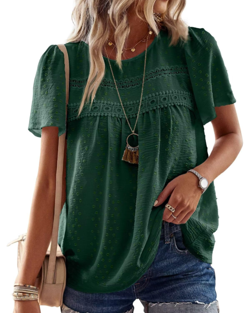 Lila Top Mujer – Blusa Boho con Encaje Crochet, Manga Corta y Cuello Redondo