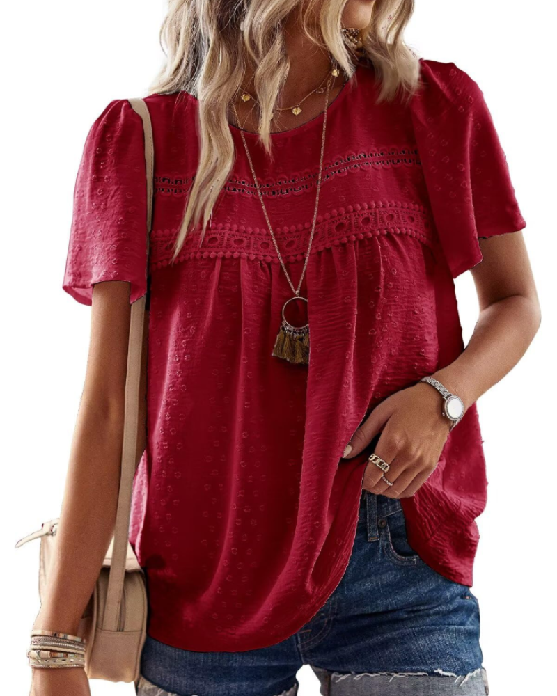 Lila Top Mujer – Blusa Boho con Encaje Crochet, Manga Corta y Cuello Redondo