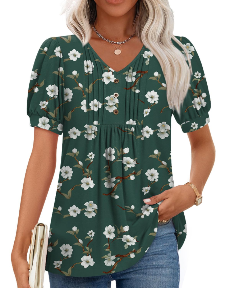 Aubrey Blusa Mujer – V-Cuello con Mangas Abullonadas, Volantes y Botones