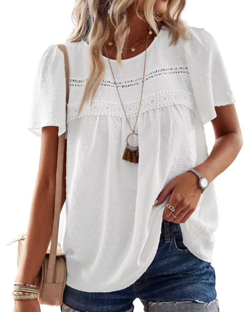 Lila Top Mujer – Blusa Boho con Encaje Crochet, Manga Corta y Cuello Redondo
