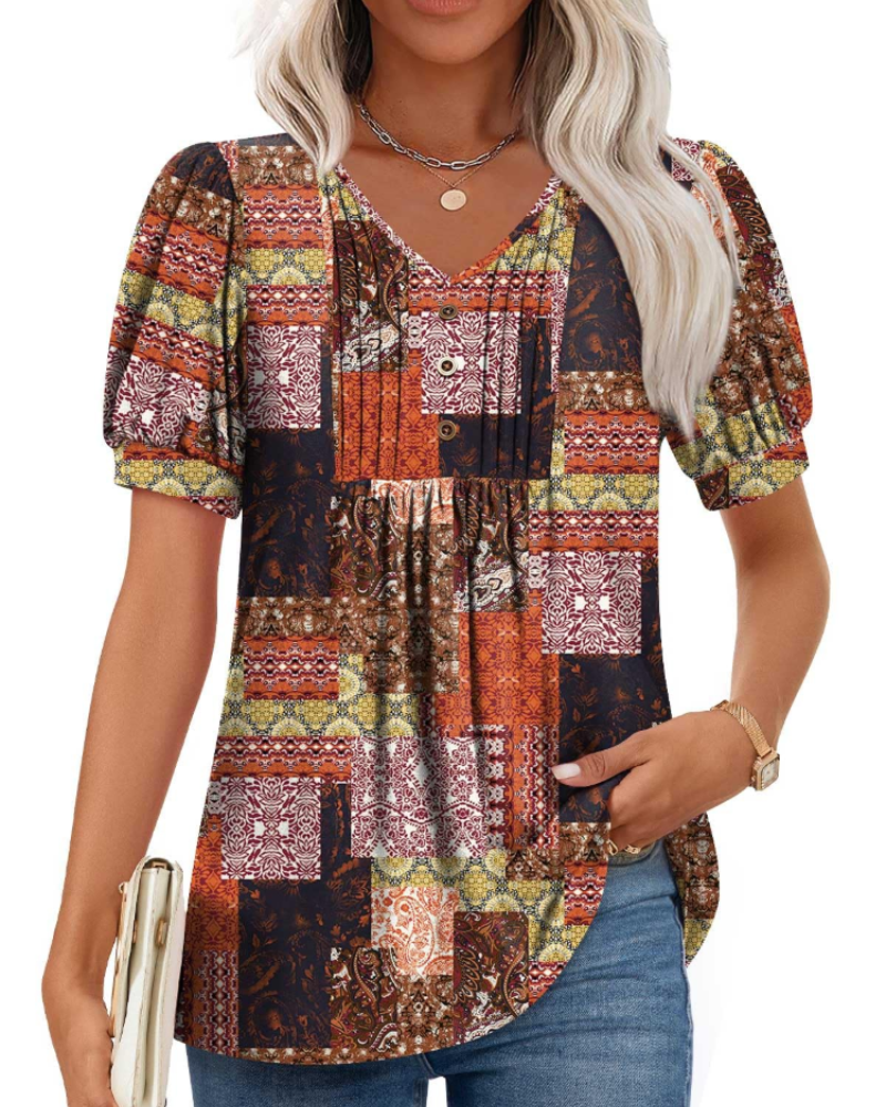 Aubrey Blusa Mujer – V-Cuello con Mangas Abullonadas, Volantes y Botones