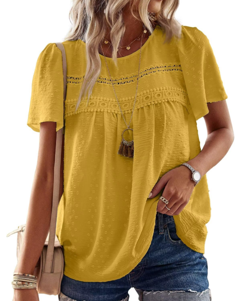 Lila Top Mujer – Blusa Boho con Encaje Crochet, Manga Corta y Cuello Redondo