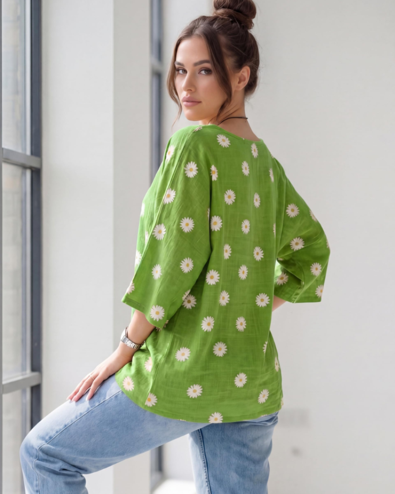 Freya Top Túnica Mujer – Algodón 100%, Estampado Margarita y Manga 3/4