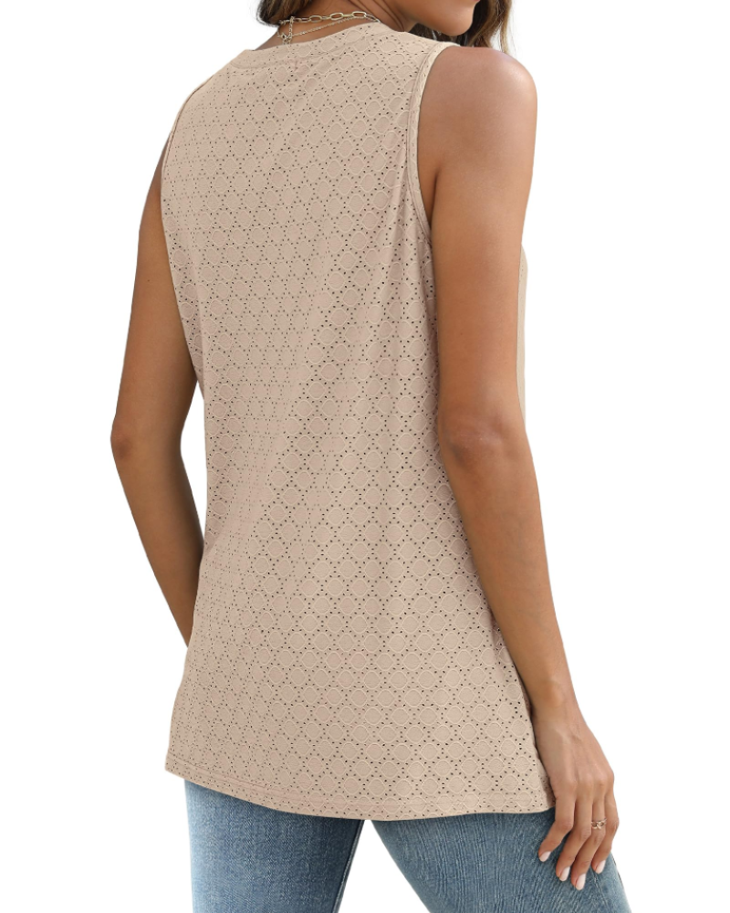 Paige Top Mujer – Sin Mangas con Cuello Alto, Bordado Eyelet y Textura Ligera