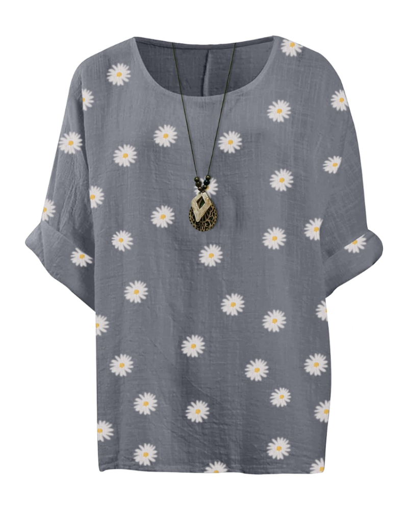 Freya Top Túnica Mujer – Algodón 100%, Estampado Margarita y Manga 3/4