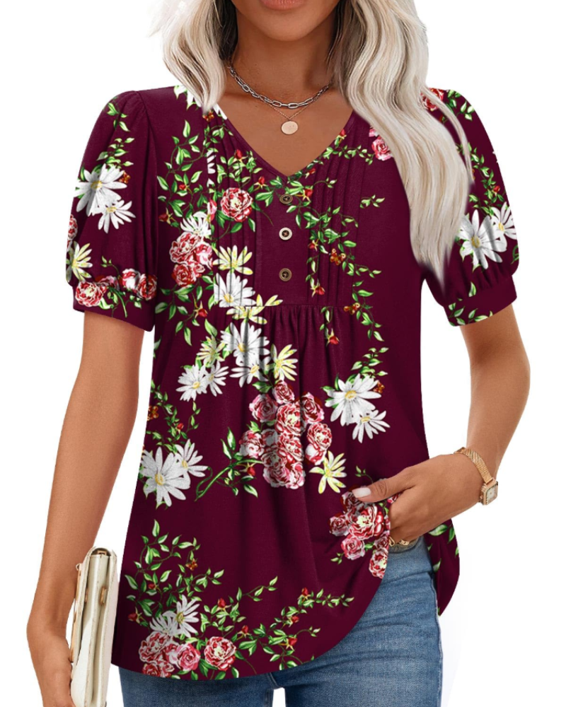 Aubrey Blusa Mujer – V-Cuello con Mangas Abullonadas, Volantes y Botones