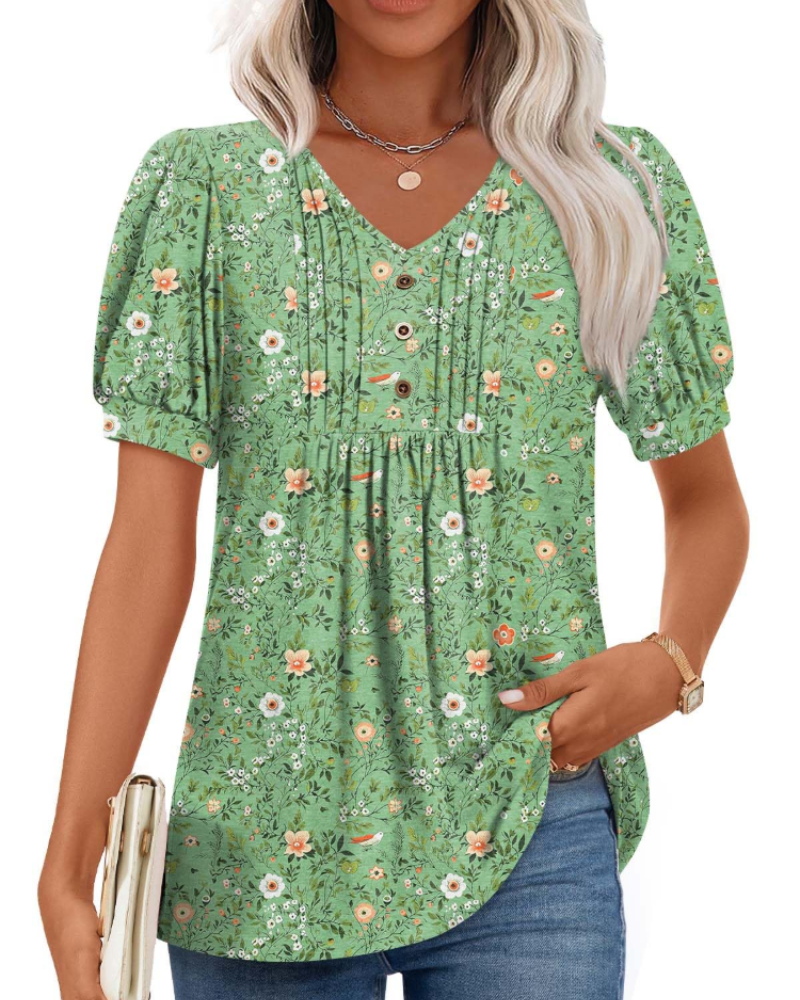 Aubrey Blusa Mujer – V-Cuello con Mangas Abullonadas, Volantes y Botones