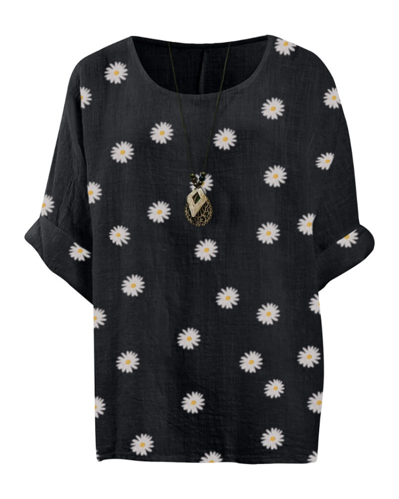 Freya Top Túnica Mujer – Algodón 100%, Estampado Margarita y Manga 3/4