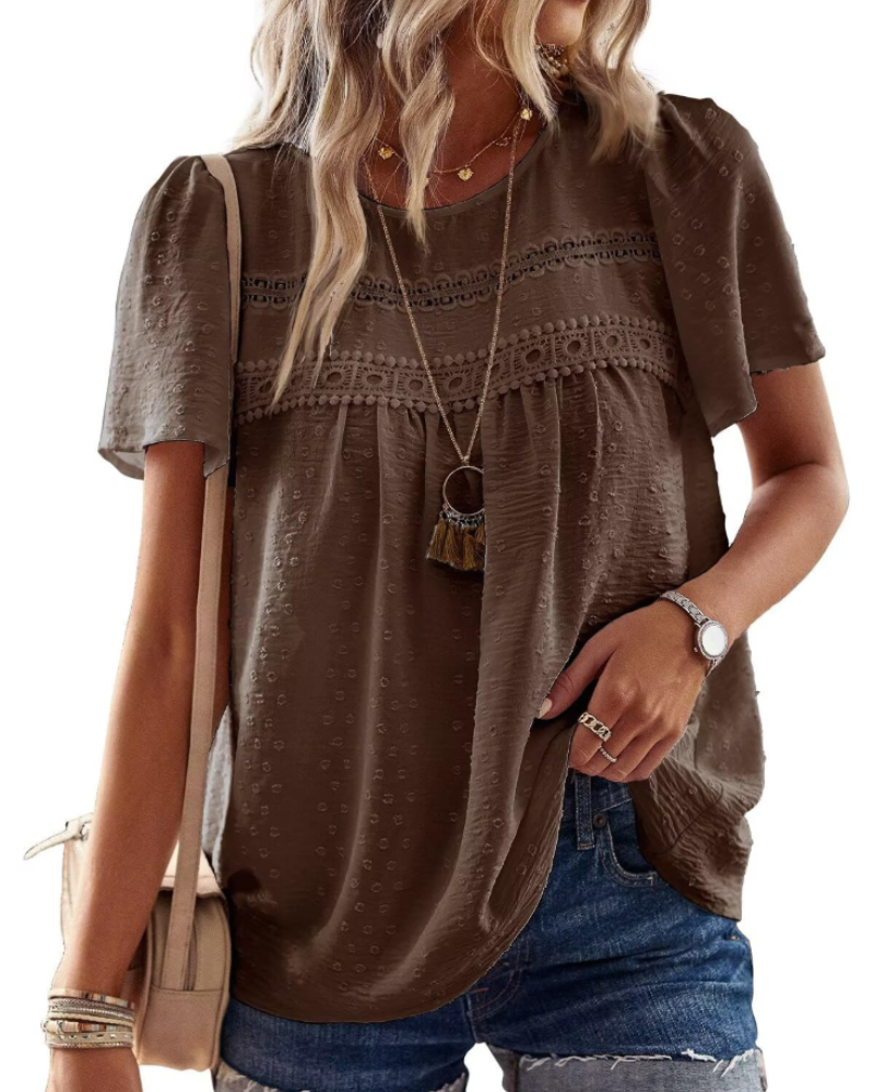 Lila Top Mujer – Blusa Boho con Encaje Crochet, Manga Corta y Cuello Redondo