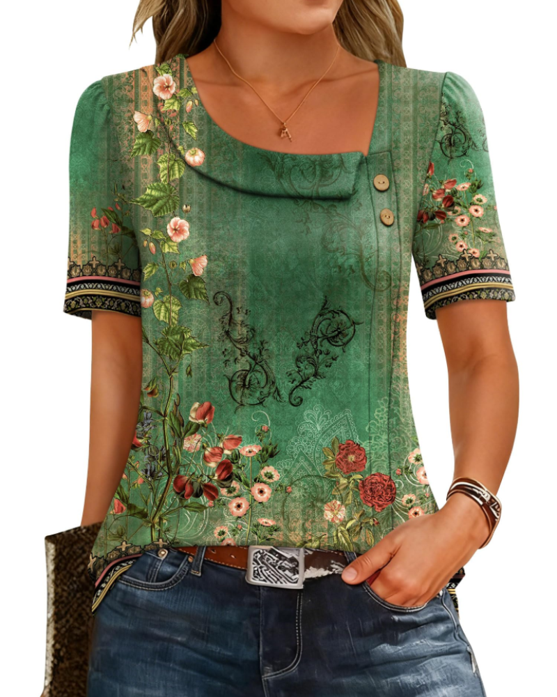 Clara Blusa Mujer – Escote Asimétrico, Botón, Manga Corta y Corte Túnica