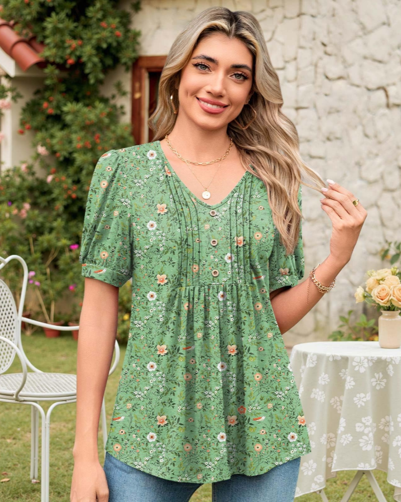 Aubrey Blusa Mujer – V-Cuello con Mangas Abullonadas, Volantes y Botones