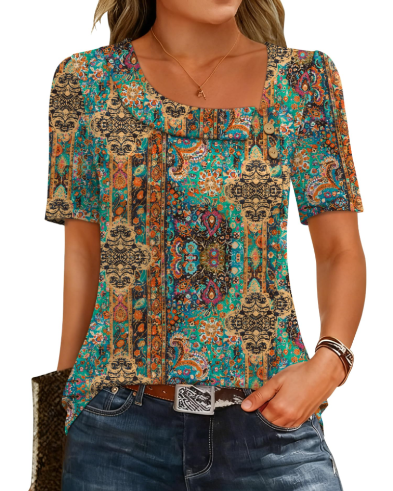 Clara Blusa Mujer – Escote Asimétrico, Botón, Manga Corta y Corte Túnica
