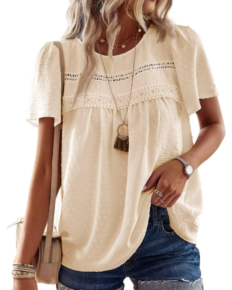 Lila Top Mujer – Blusa Boho con Encaje Crochet, Manga Corta y Cuello Redondo