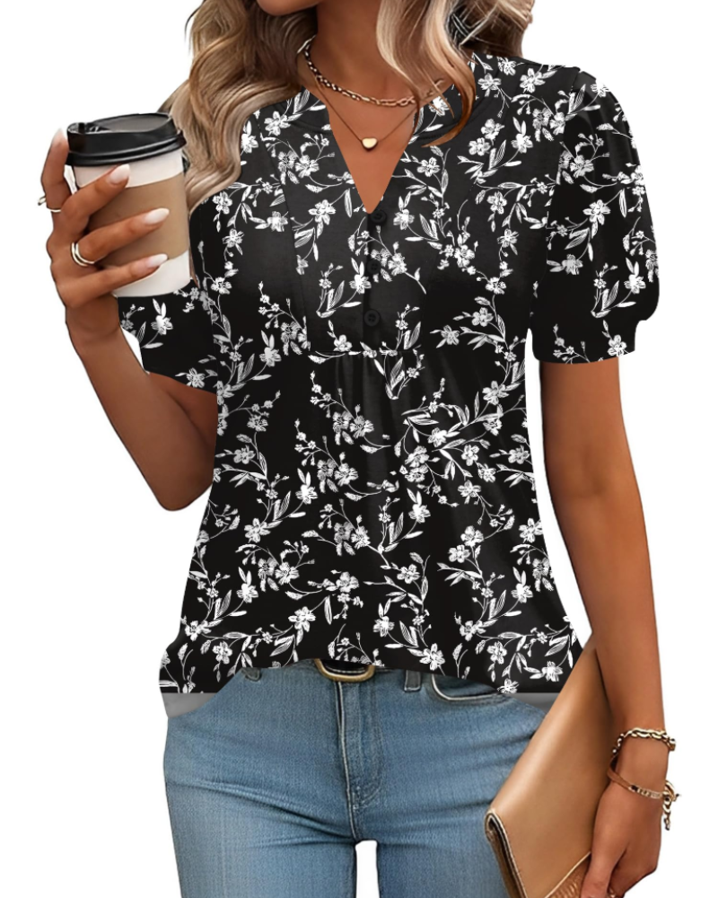 Madison Blusa Túnica Mujer – Escote en V, Manga Abullonada y Plisados