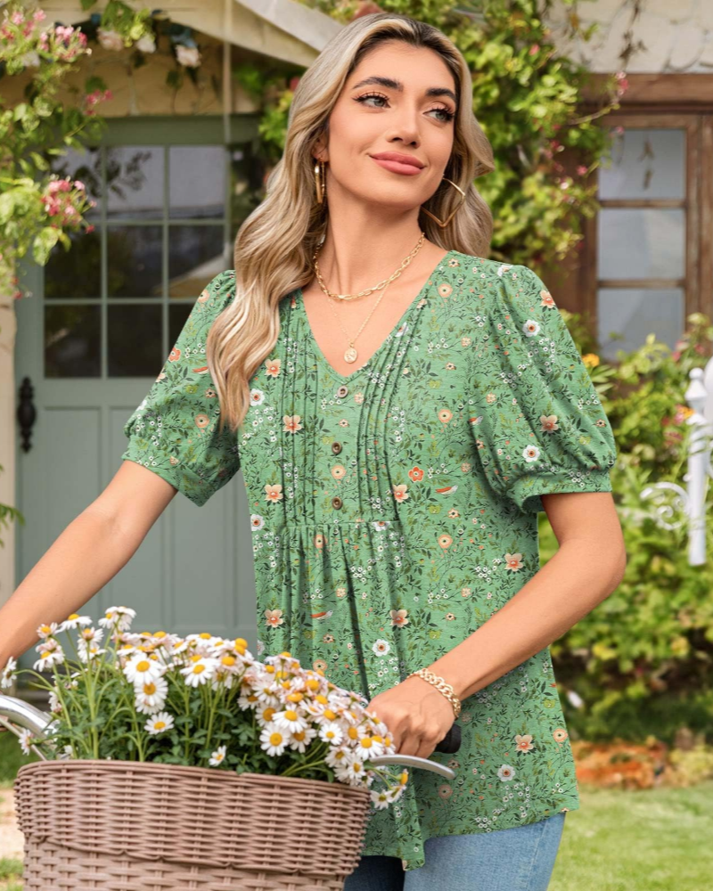 Aubrey Blusa Mujer – V-Cuello con Mangas Abullonadas, Volantes y Botones