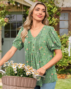 Aubrey Blusa Mujer – V-Cuello con Mangas Abullonadas, Volantes y Botones