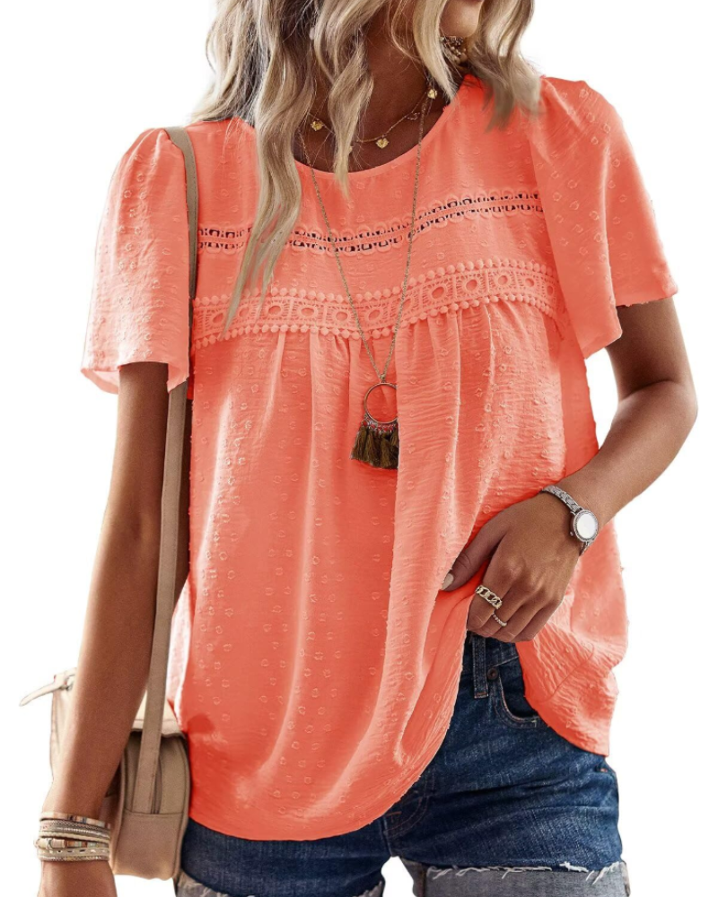 Lila Top Mujer – Blusa Boho con Encaje Crochet, Manga Corta y Cuello Redondo