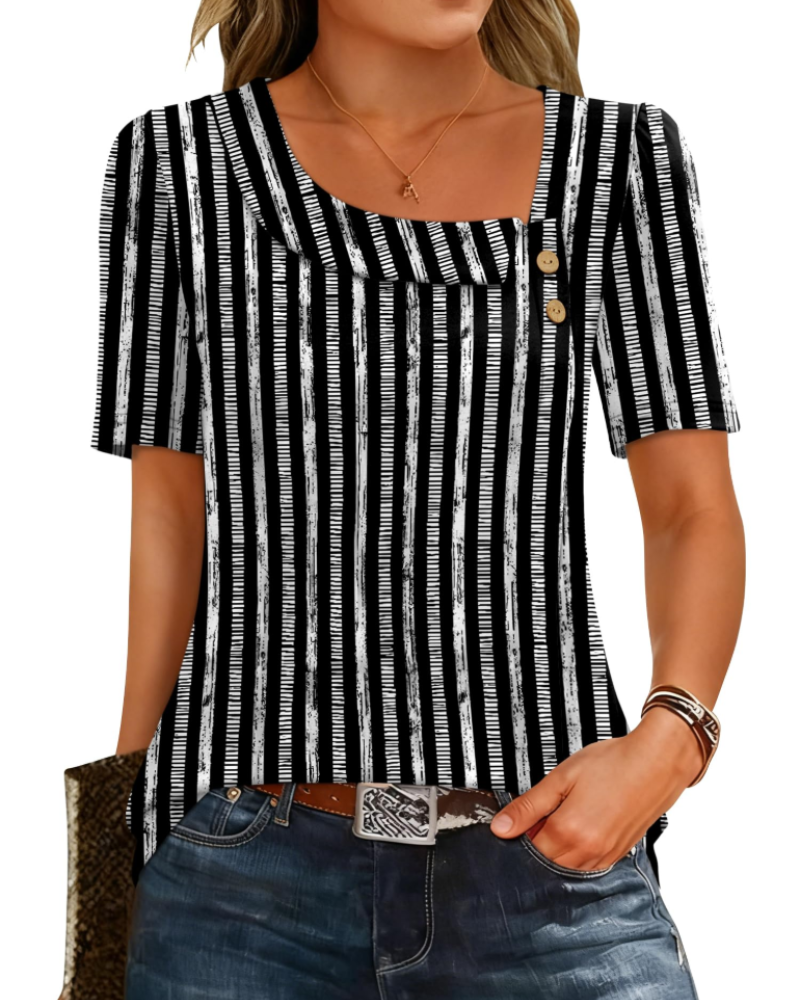 Clara Blusa Mujer – Escote Asimétrico, Botón, Manga Corta y Corte Túnica