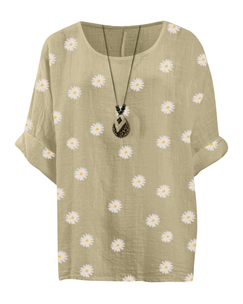 Freya Top Túnica Mujer – Algodón 100%, Estampado Margarita y Manga 3/4
