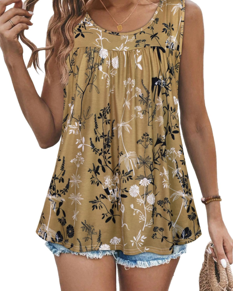 Lily Top Mujer – Blusa Túnica Sin Mangas con Pliegues y Estampado Floral