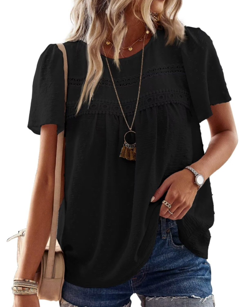 Lila Top Mujer – Blusa Boho con Encaje Crochet, Manga Corta y Cuello Redondo