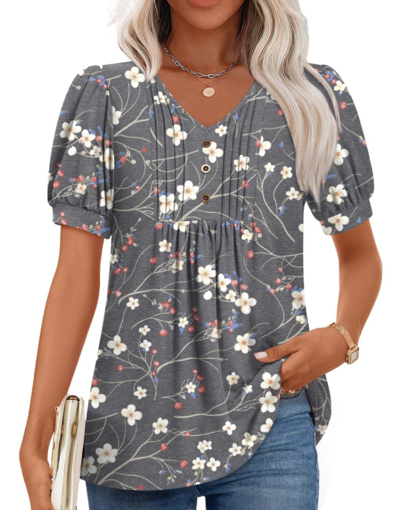 Aubrey Blusa Mujer – V-Cuello con Mangas Abullonadas, Volantes y Botones