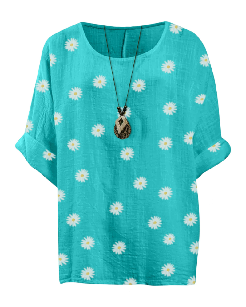 Freya Top Túnica Mujer – Algodón 100%, Estampado Margarita y Manga 3/4