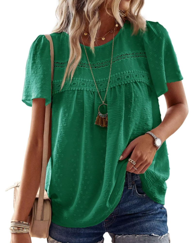 Lila Top Mujer – Blusa Boho con Encaje Crochet, Manga Corta y Cuello Redondo