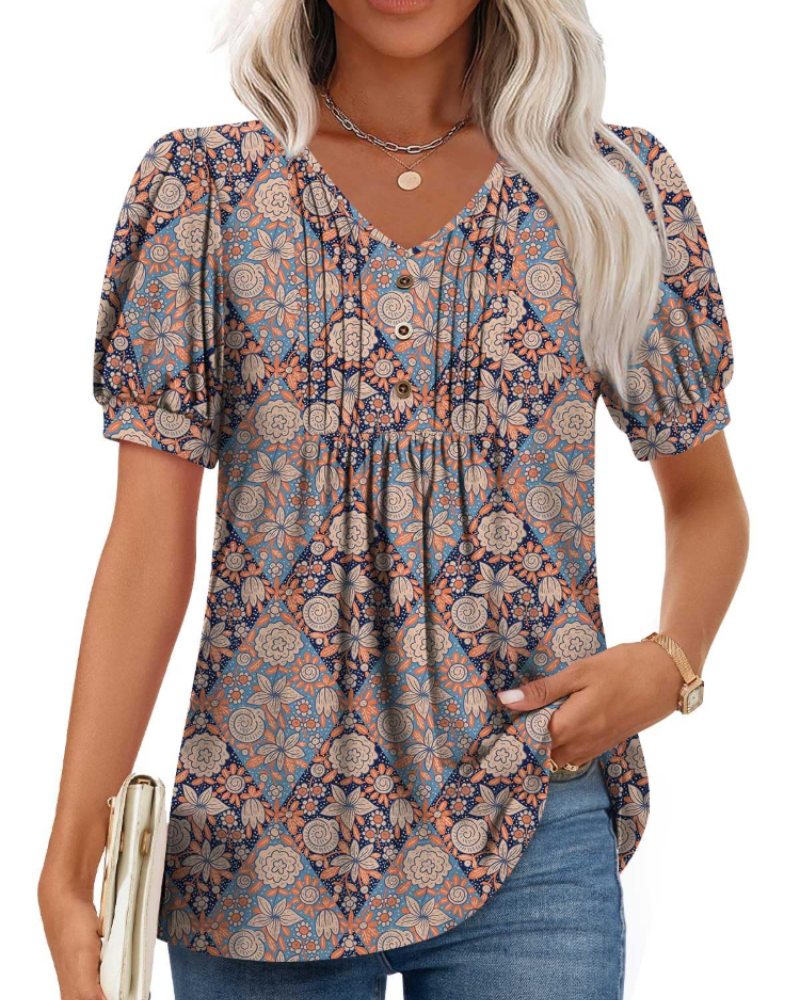 Aubrey Blusa Mujer – V-Cuello con Mangas Abullonadas, Volantes y Botones