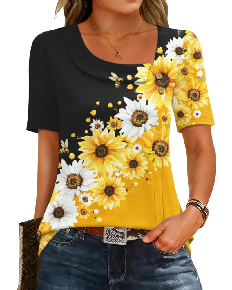 Clara Blusa Mujer – Escote Asimétrico, Botón, Manga Corta y Corte Túnica