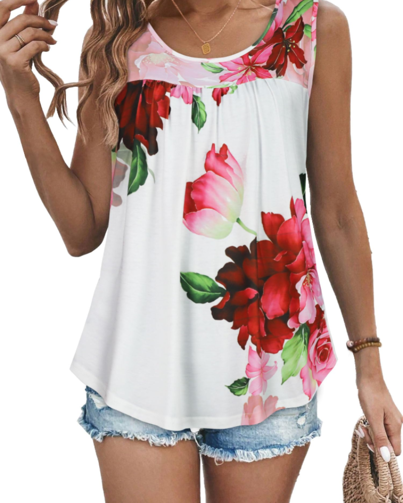 Lily Top Mujer – Blusa Túnica Sin Mangas con Pliegues y Estampado Floral