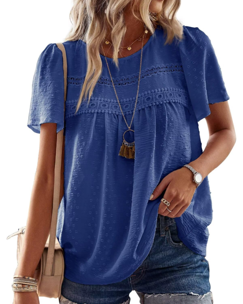 Lila Top Mujer – Blusa Boho con Encaje Crochet, Manga Corta y Cuello Redondo