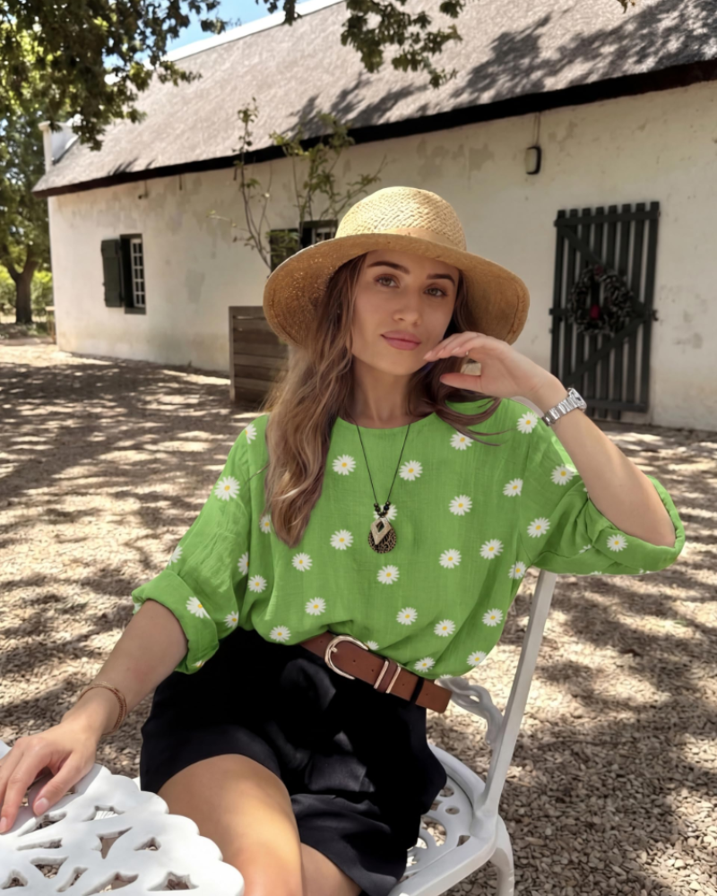 Freya Top Túnica Mujer – Algodón 100%, Estampado Margarita y Manga 3/4