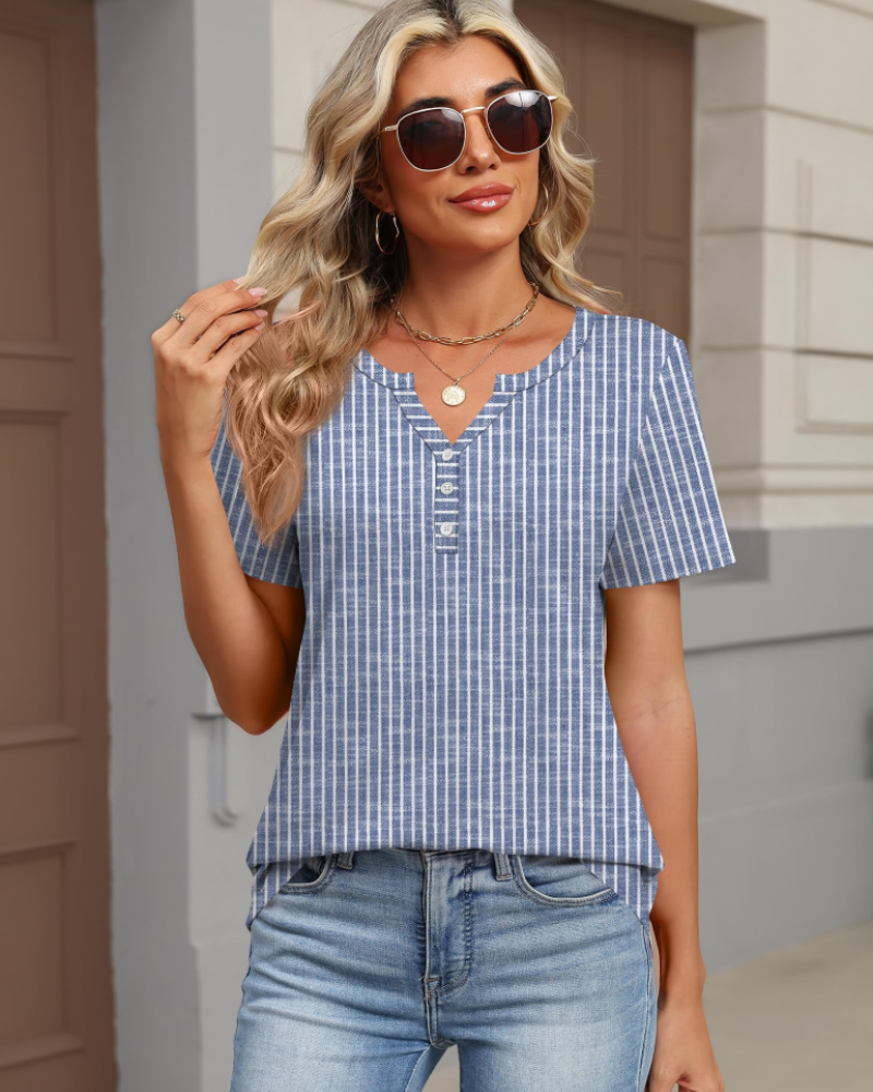 Paige Top Mujer – Blusa Henley Escote en V, Manga Corta y Tejido Elástico