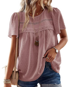 Lila Top Mujer – Blusa Boho con Encaje Crochet, Manga Corta y Cuello Redondo