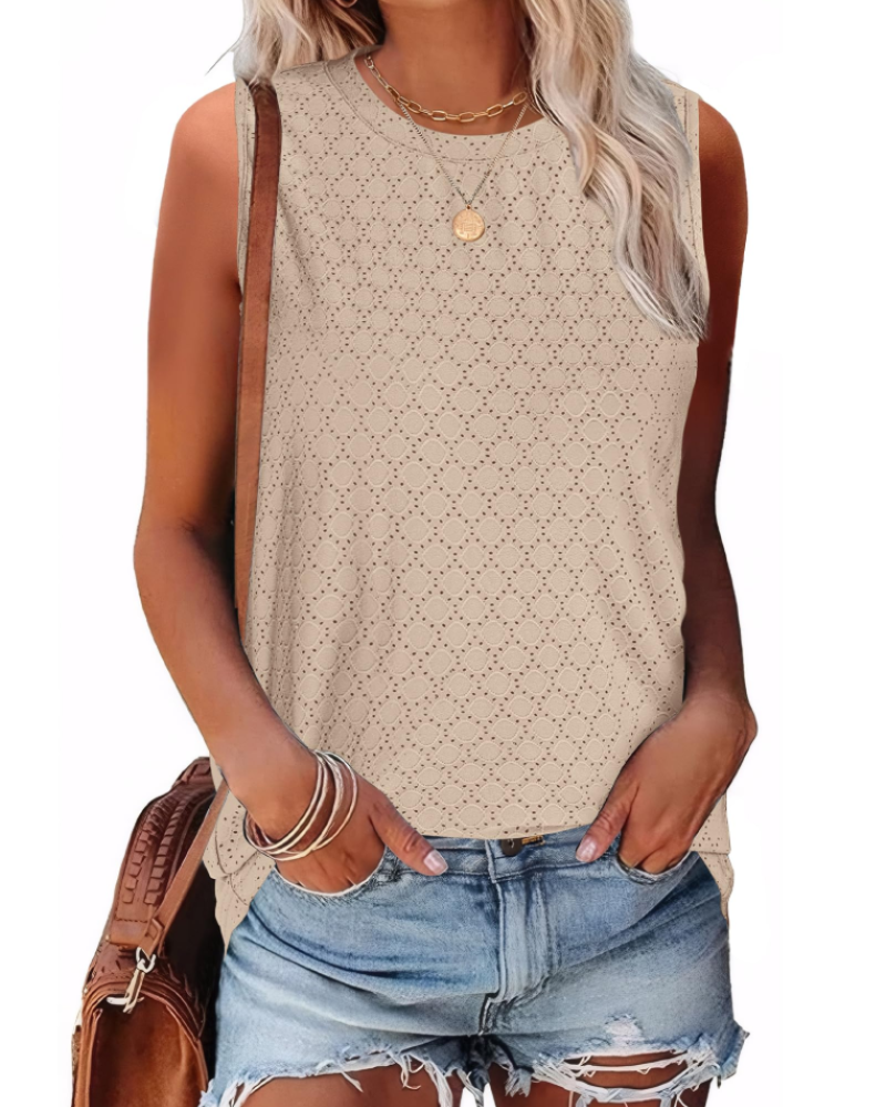 Paige Top Mujer – Sin Mangas con Cuello Alto, Bordado Eyelet y Textura Ligera