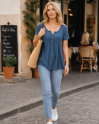 Sienna Top Túnica Mujer – Cuello en V, Botones, Manga Corta y Corte Suelto