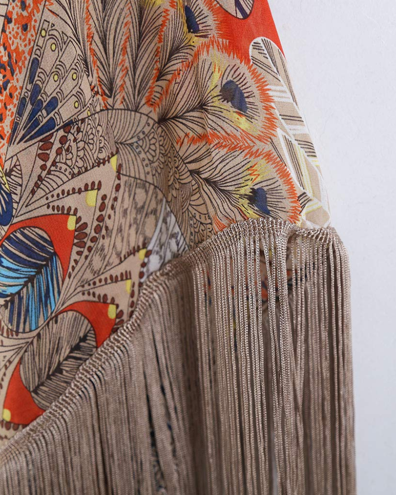 Sophia Kimono Mujer – Kimono Boho de Chifón Transparente con Flecos y Estampado Floral