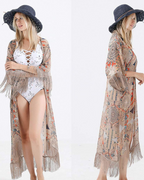 Sophia Kimono Mujer – Kimono Boho de Chifón Transparente con Flecos y Estampado Floral